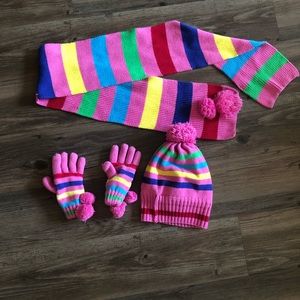 Multi color scarf, gloves & hat set